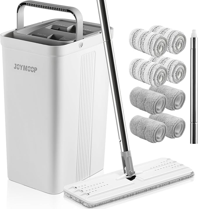 JOYMOOP Mop and Bucket Set with Wringer, Dust Mops for Floor Cleaning, Wall Cleaner with Long Handle,Wet and Dry Use - 8 Microfiber Mop Pads