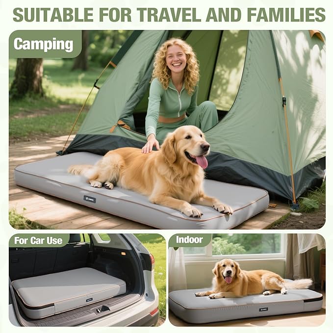 Lekereise Travel Dog Bed (49" x 26") – Foldable, Inflatable Outdoor Dog Bed,Portable & Machine Washable – Comes with a Manual Inflator - Grey