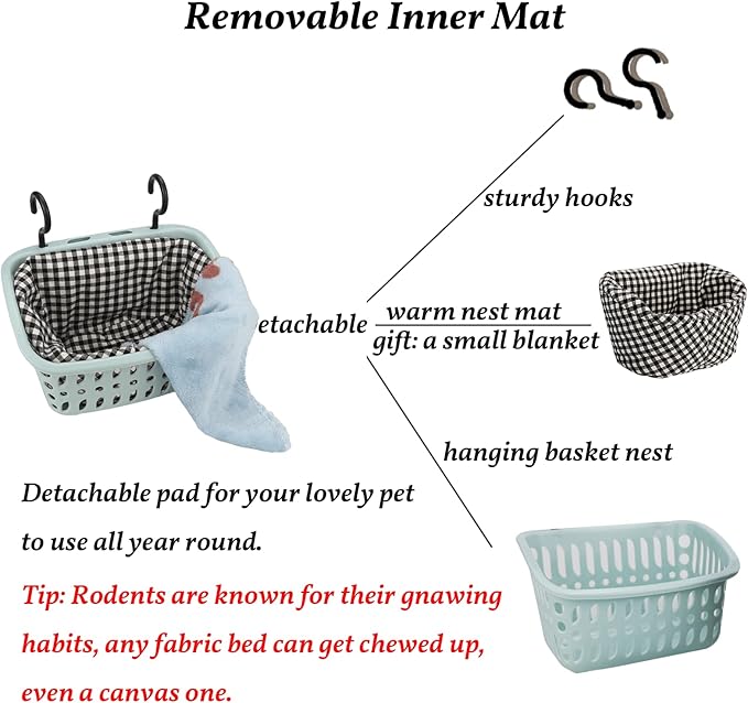 JWShang Rat Hammock for Cage, Chew Proof Hanging Basket Bed with Sturdy Hooks, Pet Cage Accessories, Safe Cozy Small Animal Rodent Hammock for Sugar Glider Mice Snuggling Sleeping