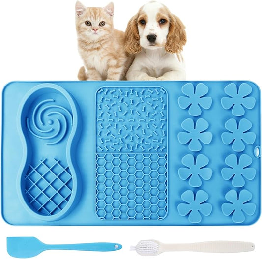 LONGFITE Large Dog Feeding Licking Snuffle Mat Silicone Slower Feeder Lick Mats Multi Use for Dry&Wet Food and Water with Brush and Spatula (Blue)