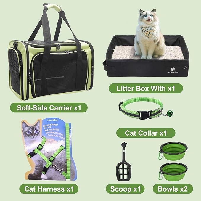 Cat Carrier Soft-Sided & Folding Cat Travel Litter Box, Fit for Pet Up to 20Lbs, 17.7' * 11.8 * 11.8 inches Cat Bag for Traveling & Camping， Green Cat Travel Carrier Kit