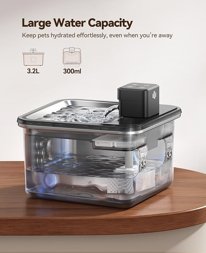 Cat Water Fountain Stainless Steel, FEELNEEDY Visual Filter Automatic Pet Water Fountain for Cats & Dogs Dispenser, Cordless Battery Operated Water Fountain for Cats Indoor - 3.2L/108oz