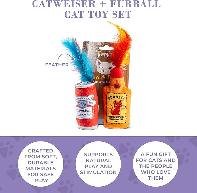 Catweiser + Furball Catnip Toys, Soft Plush Cat Toys Catnip Filled with Interactive Crackle Sound & Feathers, Safe & Durable Toy for Cats & Kitten, 2 Pcs