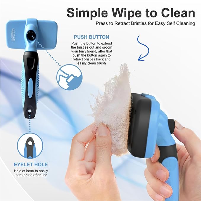 Pet Self Cleaning Slicker Brush and Grooming Comb - Gently Removes Loose Hair, Tangles, and Dirt - Skin Friendly Deshedding Grooming Tool for Hair Dogs & Cats - Pet Supplies Accessories (Blue)