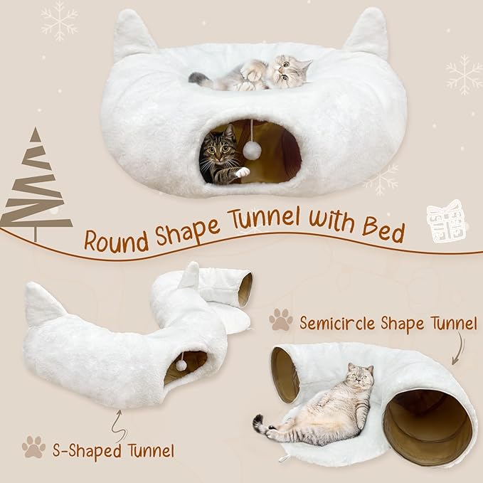 OurWarm White Cat Tunnel Bed Under Christmas Tree, Fluffy Plush Cat Tunnel Christmas Tree Skirt, Collapsible Peekaboo Donut Cave with Washable Mat and Hanging Ball for Indoor Small Animals