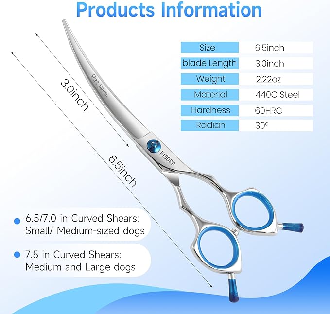Curved Dog Grooming Scissors 6.5 in Small Curve Shears for Pet Dogs Cat Japan 440C 30°Arc Upward & Downward for Trimming Face and Paws(6.5, Curved)