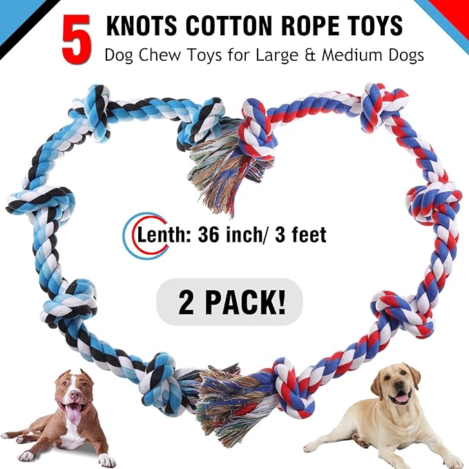 Dog Rope Toys for Large Dogs Aggressive Chewers, Dog Chew Toys for Large Breed Indestructible, Heavy Duty Tough 3 Feet 5 Knots Dog Toy, Sturdy Rope toy for Dogs Tug of War Dog Toy Teeth Cleaning