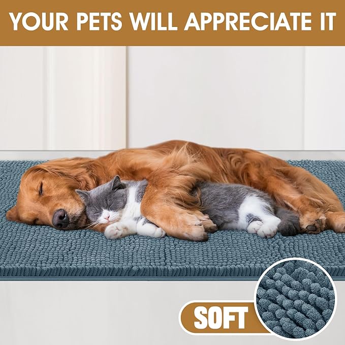 IM HOME Extra Large Dusty Blue Muddy Door Mats for Dogs, Chenille Absorbent Dog Mat, Non Slip Heavy Indoor Door Mat, Soft Dog Bed Mat Front Inside Door Mat for Entryway, Mud Paws, 71" x 25"