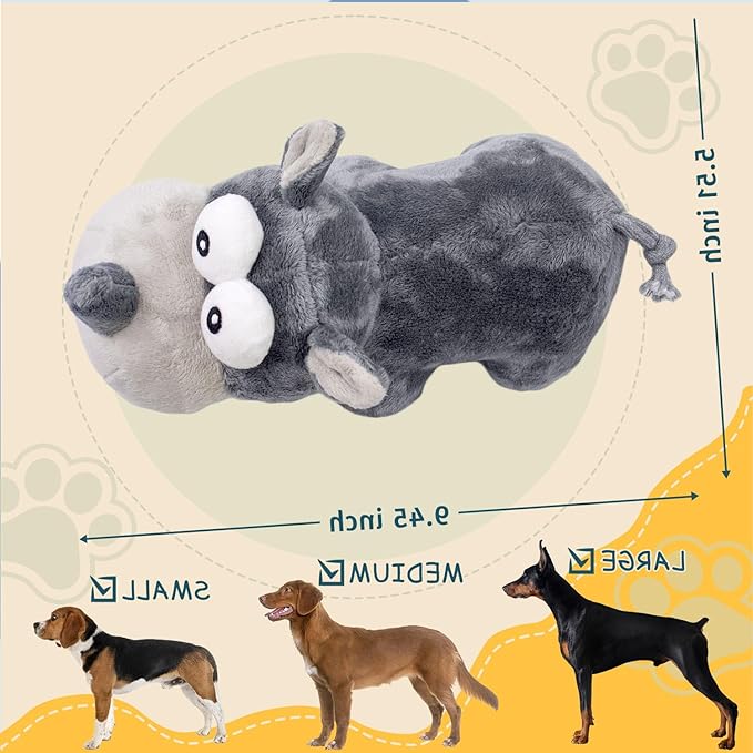 VWPYCHI Tough Dog Toy, Stuffed Chew Large Dog Toys to Keep Them Busy, Interactive Squeaky Tug of War Doggie Toy, Crinkle Grey Good Size Rhino Best Gift Christmas
