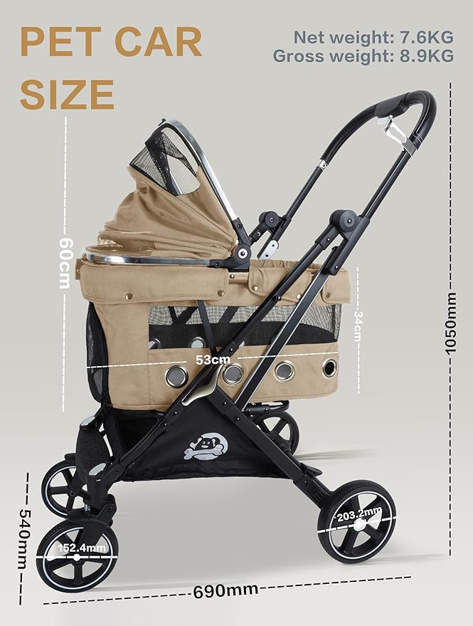 JK Pawadore 4 Wheels Pet Stroller Best Lightweight Foldable Portable Secure Easy Lock NO-Zip 180 ̊ Canopy Sun Shades Waterproof for Small/Medium Dogs 33lbs with Large Storage Basket (Khaki)