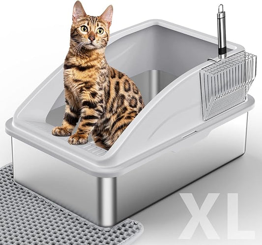 Stainless Steel Litter Box, Extra Large Litter Boxes for Big Cats, XL Metal Cat Litter Box with Lid, Anti-Urine Leakage, Non-Sticky, Include Cat Mat and Litter Scoop