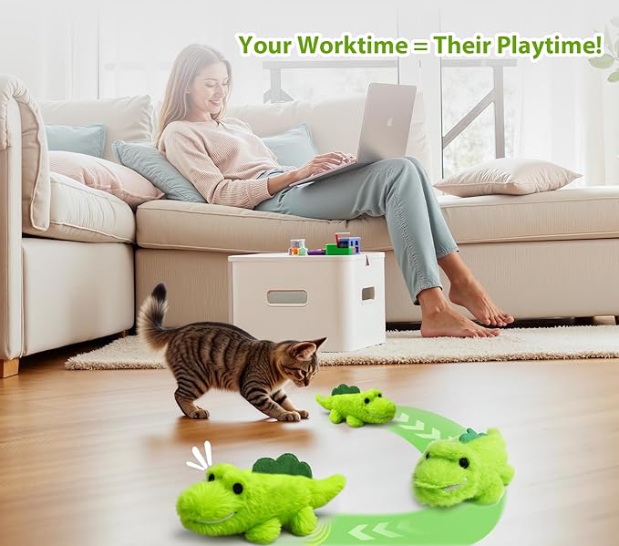 Interactive Cat Toys for Indoor Cats - Automatic Moving Cat Chase Toy for Bored Indoor Adult Cats - 360° Random Movement, Tail Wagging & Catnip Stimulation - Electric Croc(Long Plush)