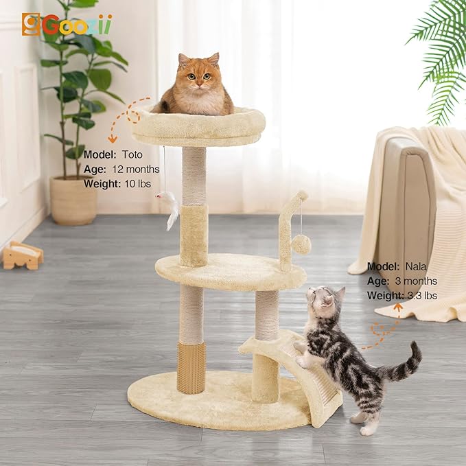 Large Cat Tree Tower with Scratching Post, Modern Kitten Tower for Indoor Cats, 32 Inch Tall Carpet Sisal Cat Scratcher Stand with Big Bed Perch,Scratch Ramp, Ball Toy for Kitty (Beige)