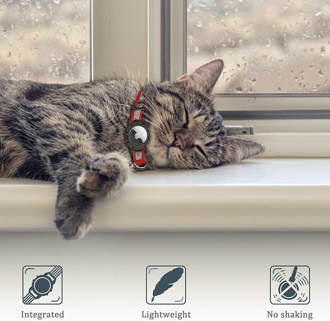 Reflective AirTag Cat Collar, Integrated Cat Tracker Collar with Air Tag Holder and Bell, Safety Elastic Band Cat GPS Collars for Girl Boy Cats, Kittens and Puppies (Red, XS)