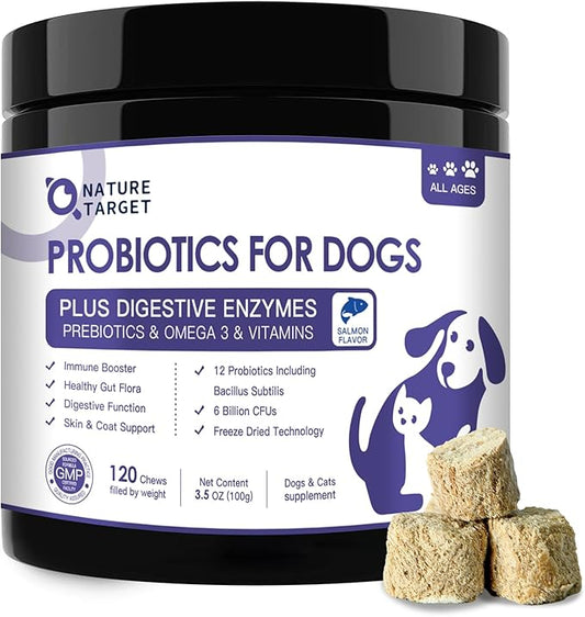 NATURE TARGET Probiotics for Dogs, 6 Billion CFUs Dog Probiotics for Digestive Health with Prebiotic and Digestive Enzymes, Rich in Omega 3 and Vitamins for Skin & Coat, Salmon-Flavored - 120 Counts