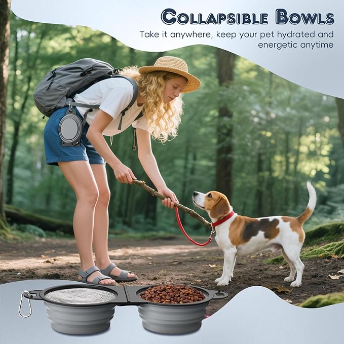 Pawaboo 2-in-1 Collapsible Dog Bowls, Dual Puppy Food and Water Bowls, 180° Flip Over Portable Silicone Dog Bowl with Metal Hook, 450ml Pet Travel Feeder Bowl for Walking Hiking Camping, Gray