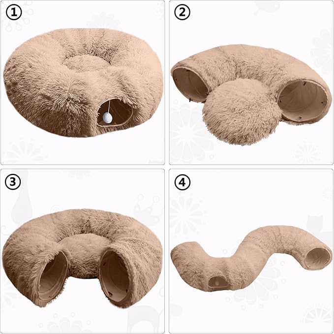 Cat Tunnel Bed for Indoor Cats - Cute Cat Donut Tunnel Toys with Washable Circle Cushion, Round Pet Peekaboo Cave Toy for Kitten/Puppy/Rabbit (Brown)