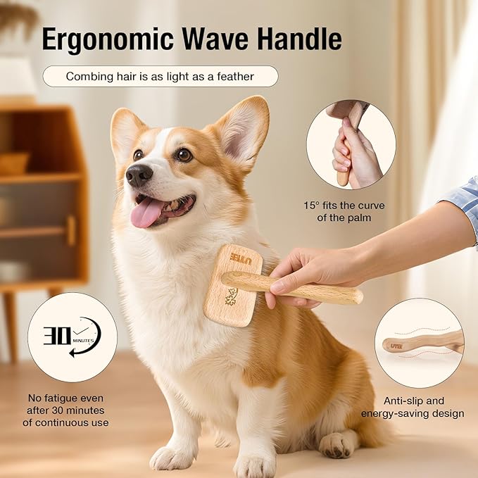 UTEE Slicker Brush for Medium Dog (Toy Poodles, Bichons & Cocker Spaniels) Gentle Grooming Tool with Stainless Steel Curved Pins & Ergonomic Beech Wood Handle — Ideal for Long or Thick Fur