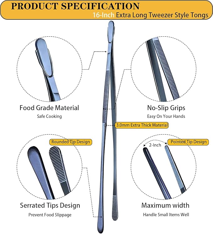JETKONG 2 Pcs 16-Inch Heavy Duty Cooking Tweezers Extra Long Stainless Steel Kitchen Tweezers Large Plating Tongs (Navy Blue)