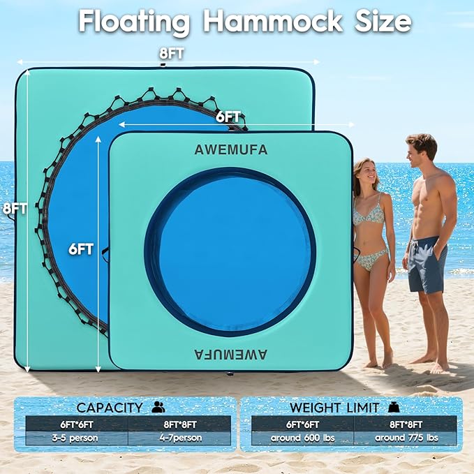 Inflatable Dock Floating Platform with Mesh, Heavy Duty Water Hammock Floats Floating Ring, Tanning Pool Hammock Inflatable Raft Mat Lake Floats for Adults Ocean