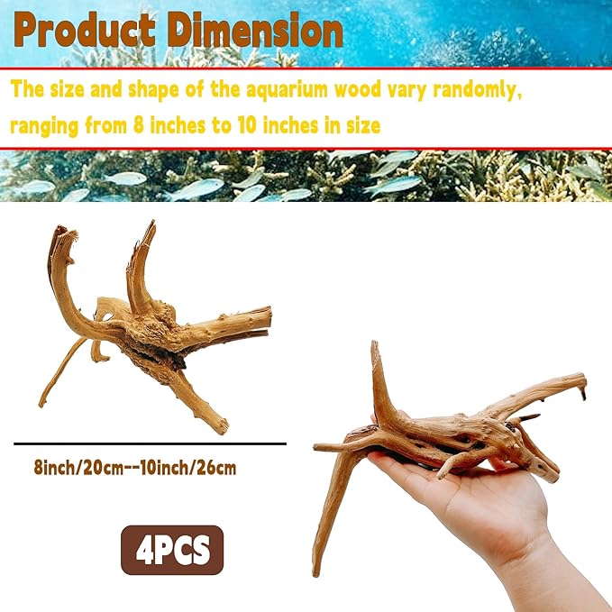Hamiledyi 4PCS Driftwood for Aquarium,8-10in Natural Spider Wood Reptile Branches Fish Tank Log Ornament Aquarium Trunk Decoration