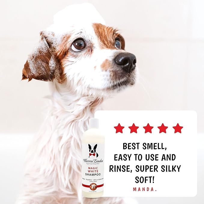 Warren London Magic White Dog Shampoo | Whitening Shampoo for White Dogs & Lighter Dog Coats | Puppy and Cat Safe Grooming Supplies | Cherry Scent | Made in USA | 17oz