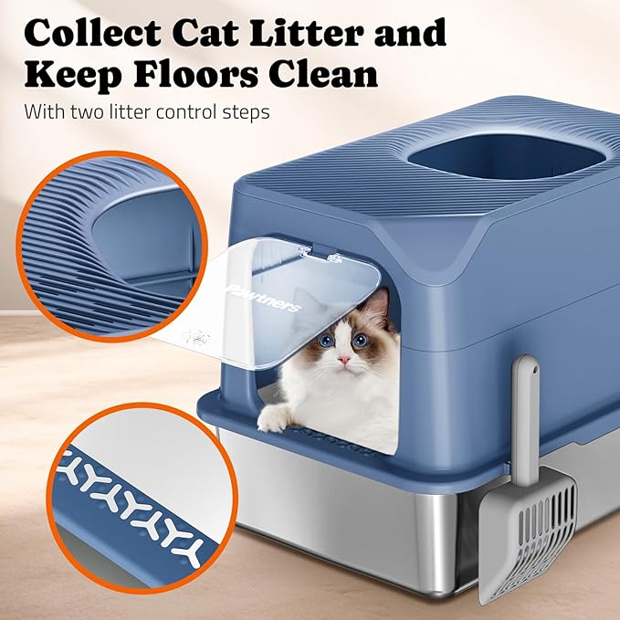 Pawtners Cat Litter Box, XL Extra Large Stainless Steel Kitty Litter Pan, Front Entry Top Exit Enclosed Metal Cat Toilet for Odor Control with Removable Lid & Scoop, Anti-Leakage, Easy to Clean, Blue