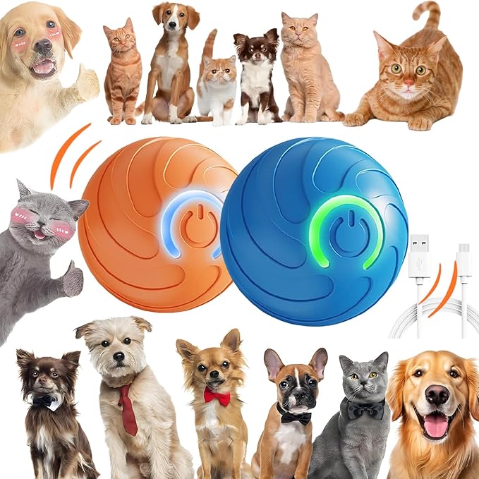Smart Jumping Ball for Dogs & Cats Duraspin Dog Bouncing Ball Random Path Electric Automatic Moving and Rolling Pets Toy Interactive Jumping Vibrating Bouncing Balls for Puppy Toys（2PCS：Blue+Orange）