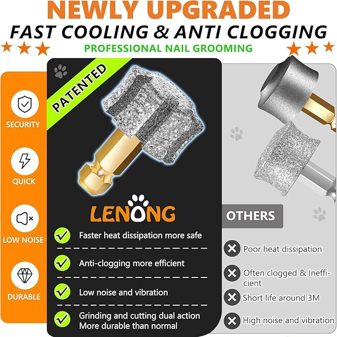 LENONG Fast Cooling Dog Nail Grinder Head with 7-Grooves, Anti-Clogging Diamond Pet Nail Grinder Replacement Bit with Steel Brush for Casfuy and Most Brands (1pcs 80#)
