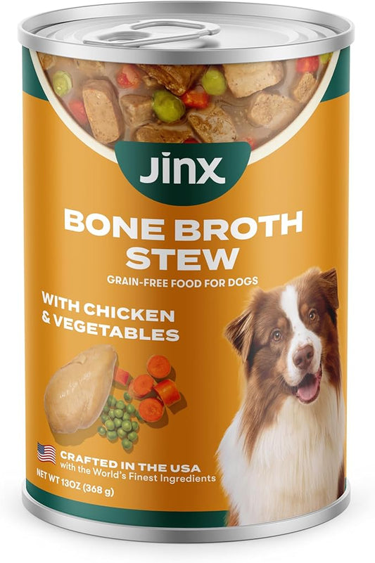 Jinx Bone Broth Stew for Dogs - Chicken & Vegetables Recipe - Grain-Free Wet Dog Food & Topper for Picky Eaters - Promotes Lean Muscle Growth, A Healthy Coat & Improved Digestion - 13 Oz, 12 Pack