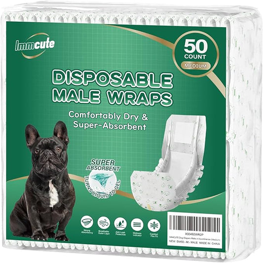 IMMCUTE Male Dog Wraps 50 Ct, Medium Size, Male Dog Diapers Disposable, Super Absorbent Leak-Proof Doggy Diapers,Belly Bands for Dogs with Wetness Indicator, Ideal for Indoor, Outdoor