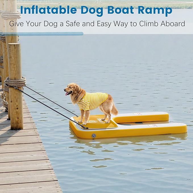 Inflatable Dog Boat Ramp, 35" L x 24" W x 4" H Perfect for Small-Sized Pets Up to 220 lbs, Boat Water Ladder with Claw-Friendly High Stability Non-Slip EVA Float for Pool, Lake, Dock & Seat