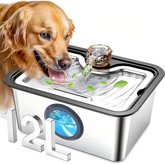 Large Dog Water Fountain Stainless Steel, 12L Pet Drinking Dispenser with Visual Window, Extra Big Cat Fountains Bowl with Filters, Widely Drinking Area,Ultra-Quiet Pump