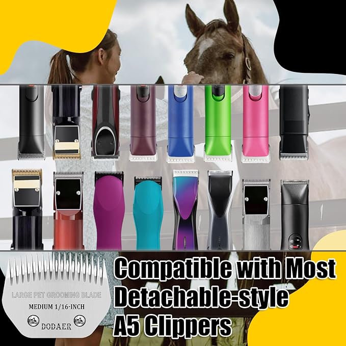 Detachable Pet Dog Grooming Clipper Steel Blade,Compatible with Andis Medium Blending,Oster A5,Wahl KM10 Series Clippers,Medium,1/16-Inch Cut Length for Large Dog,Horses,Sheep（64330）