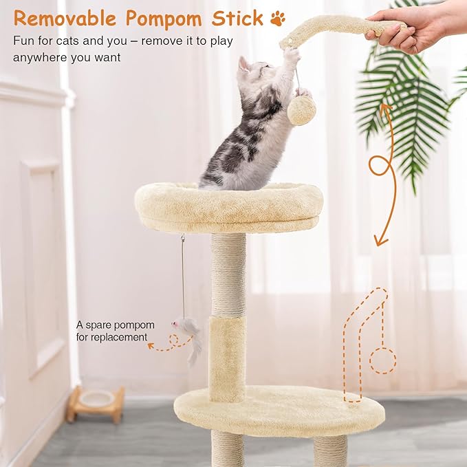 Large Cat Tree Tower with Scratching Post, Modern Kitten Tower for Indoor Cats, 32 Inch Tall Carpet Sisal Cat Scratcher Stand with Big Bed Perch,Scratch Ramp, Ball Toy for Kitty (Beige)