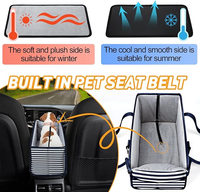Portable Dog Car Seat for Small Dogs - Adjustable Safety Leash, Washable Cushion & Storage Pocket - Pet Booster Seat for Car Travel- Blue Stripes