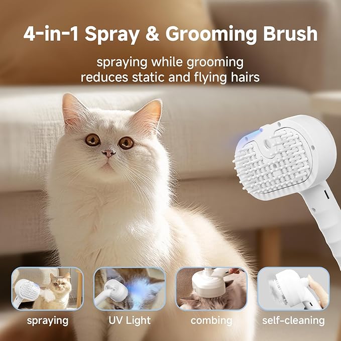 REIKIYA Cat Steam Brush,4-in-1 Spray Hair Removal Dog Brush for Shedding & Grooming with UV Light, Anti-Static Pet Spray Comb with One-Click Release Button