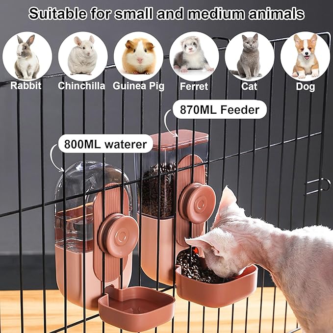 Hanging Automatic Pet Food Water Dispenser, 35oz Rabbit Feeder for Cage Gravity Feeder Siphon Waterer Set for Rabbit Chinchilla Hedgehog Ferret Cat Puppy (Pink)