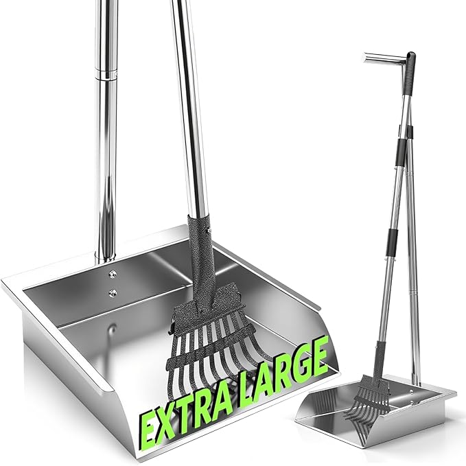 Heavy Duty Metal Pooper Scooper, Dog Pooper Scooper for Large Medium Dogs Long Handle Stainless Tray and Rake Set，Extremely Durable Metal Stainless Steel Dustpan for Indoor Outdoor Cleaning 。