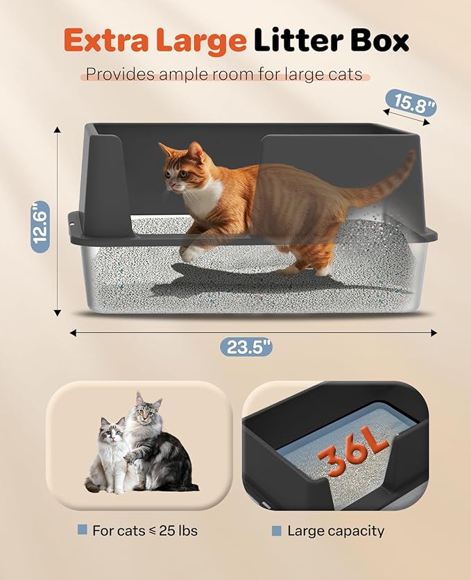 Stainless Steel Litter Box with Lid, 23.5" L x 15.8" W x 12.6" H, XL Metal Cat Box for Big Cats, High Sided Kitty Litter Box with Scoop & Pee Pads, Non-Sticky, Anti-Leakage, Easy to Clean (Black)