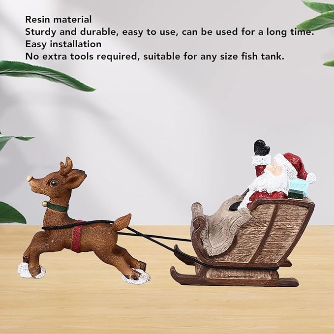 Focket Christmas Aquarium Decorations, Resin Santa Claus Reindeer Sleigh Fish Decoration, Decorative Aquarium Santa Claus on Sleigh Xmas Miniature Figurines Micro Landscape