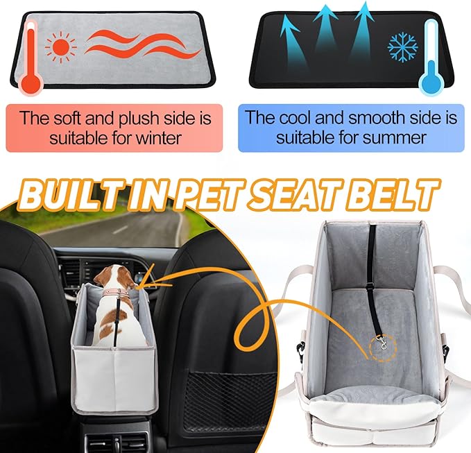 Portable Dog Car Seat for Small Dogs - Pet Booster Seat with Safety Leash, Adjustable Straps, Washable Cushion & Storage Pocket - Center Console Puppy Car Seat for Travel - Beige