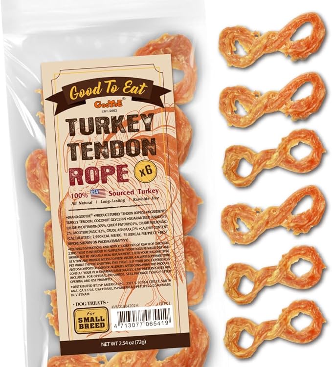Gootoe Turkey Tendon Dog Treats, Rope (S) 6 Pieces per Pack, USA-Sourced Turkey Tendon, Natural Snack, Premium Puppy Chews, Hypoallergenic, Reseal Value Bags, Size for Small Dogs