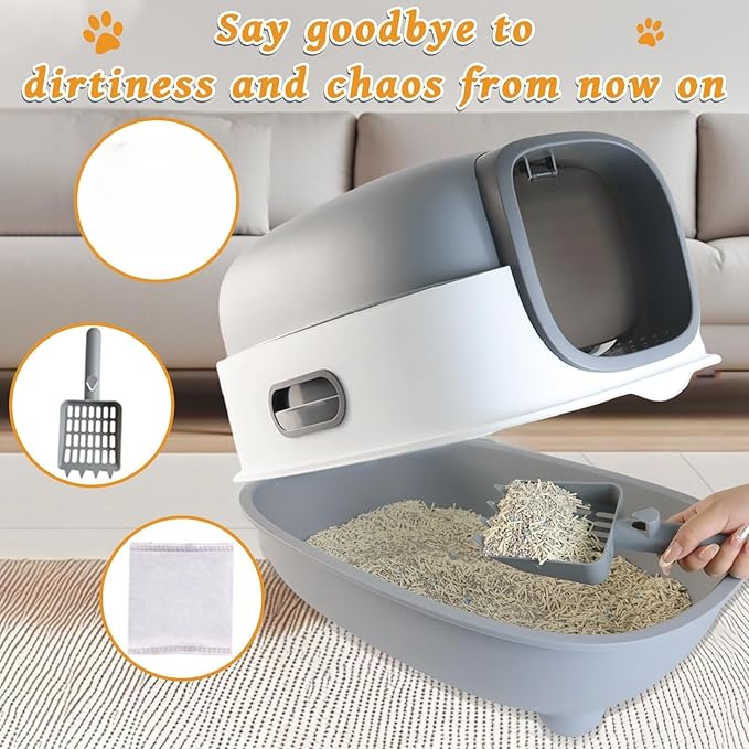 Large Cat Litter Box with Cat Litter Scoop, Foldable Litter Box with Lid, Front Entry and Exit Leak-Proof Litter Cat Box, Odor Control, Easy to Clean (Grey)