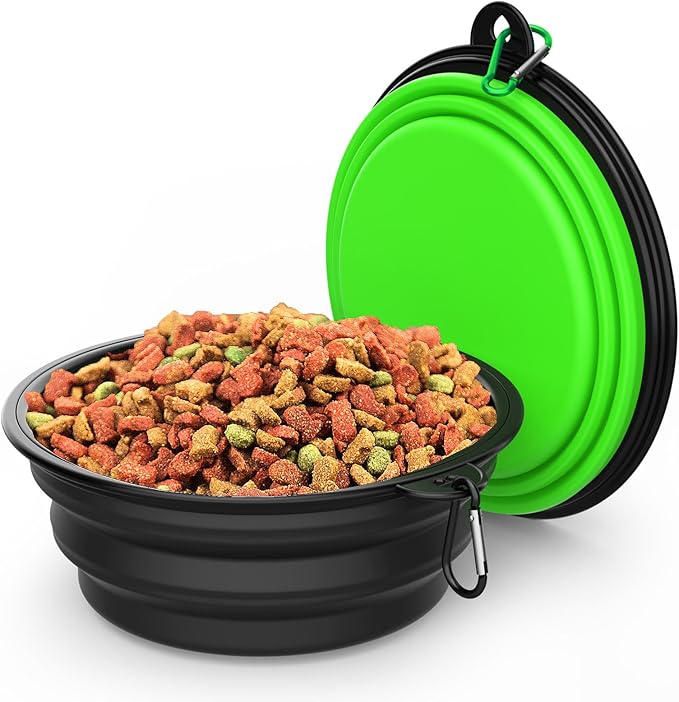 2 Pack Collapsible Dog Bowl Travel Portable Pet Bowls [20oz,600ml],Expandable Foldable Food Water Feeding Dishes for Traveling Hiking Walking,with Carabiners [Black,Green]