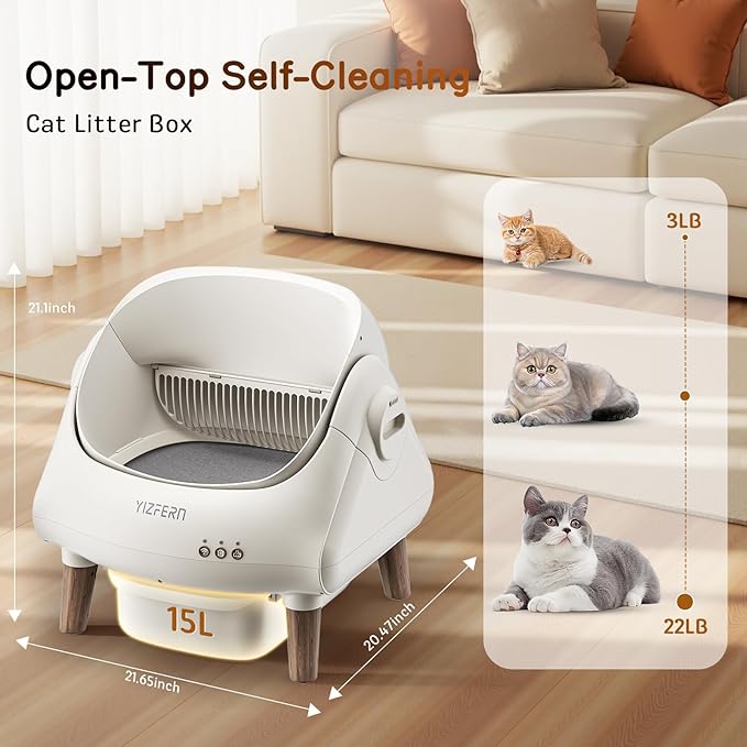 Self Cleaning Litter Box for Multiple Cats, Automatic Cat Litter Box with App Control, Open Top Design, Safety Protection, Ultra-Quiet, Includes Waste Bags, Large Waste Bin, & Brush (Wooden)