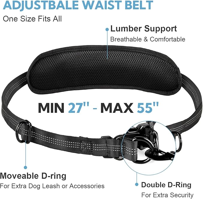 Hands Free Dog Leash with Pouch, Double Leash for Two Dogs, Retractable Bungee with Double Padded Handles, Dog Waist for Dog Walking,Dog Walking Accessories,Black Grey