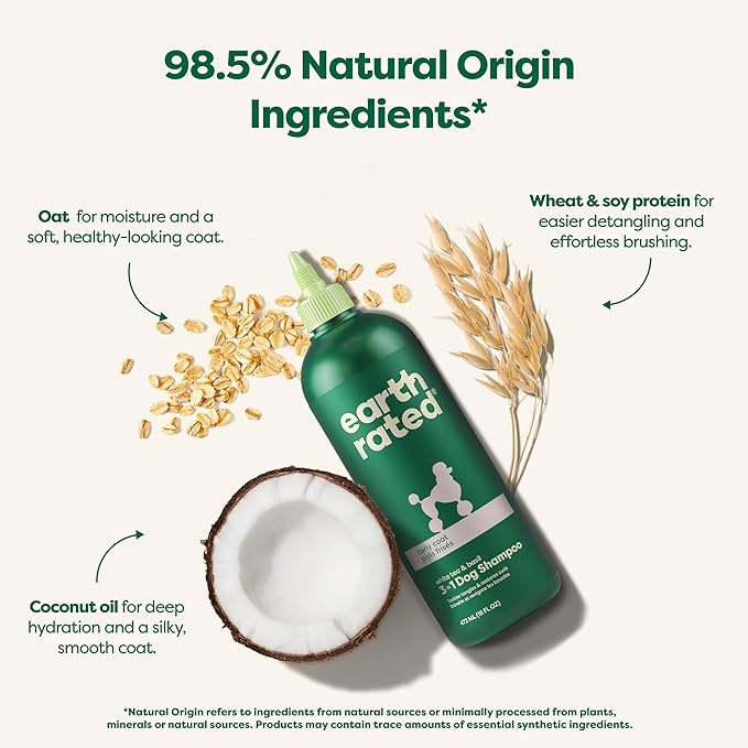 Earth Rated 3-in-1 Detangling Dog Shampoo and Conditioner, Deodorizing Oatmeal Shampoos for Dogs and Puppies, Great for Smelly Pets, White Tea and Basil Scent, 16 oz