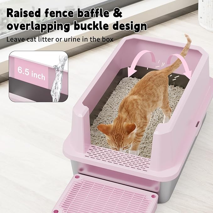 RIZZARI Stainless Steel Cat Litter Box, Semi-Closed Litter Box with High Edges, Large Odorless Litter Pan with for Small to Large Cats (Pink, 1 Pack)