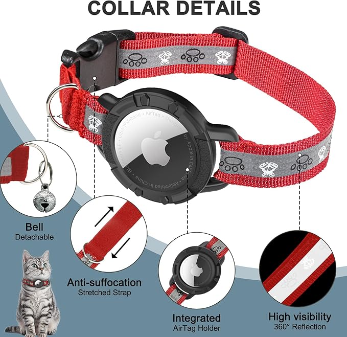 Reflective AirTag Cat Collar, Integrated Cat Tracker Collar with Air Tag Holder and Bell, Safety Elastic Band Cat GPS Collars for Girl Boy Cats, Kittens and Puppies (Red, S)